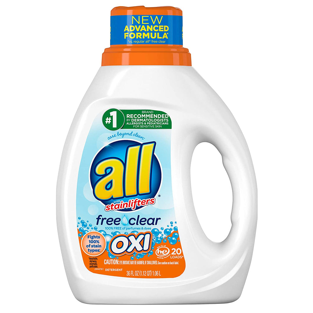 All all Liquid Laundry Detergent Oxi Stain Removers & Whiteners, Free Clear, 36 oz, 20 Loads, 36 fl oz
