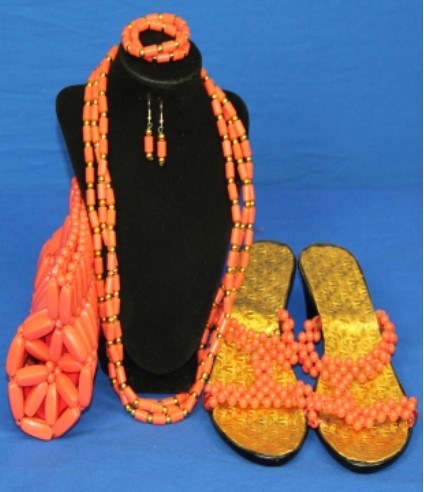 Traditional African Bead Necklace, Bracelet, Shoe, & Handbag Set for Ladies ACW018