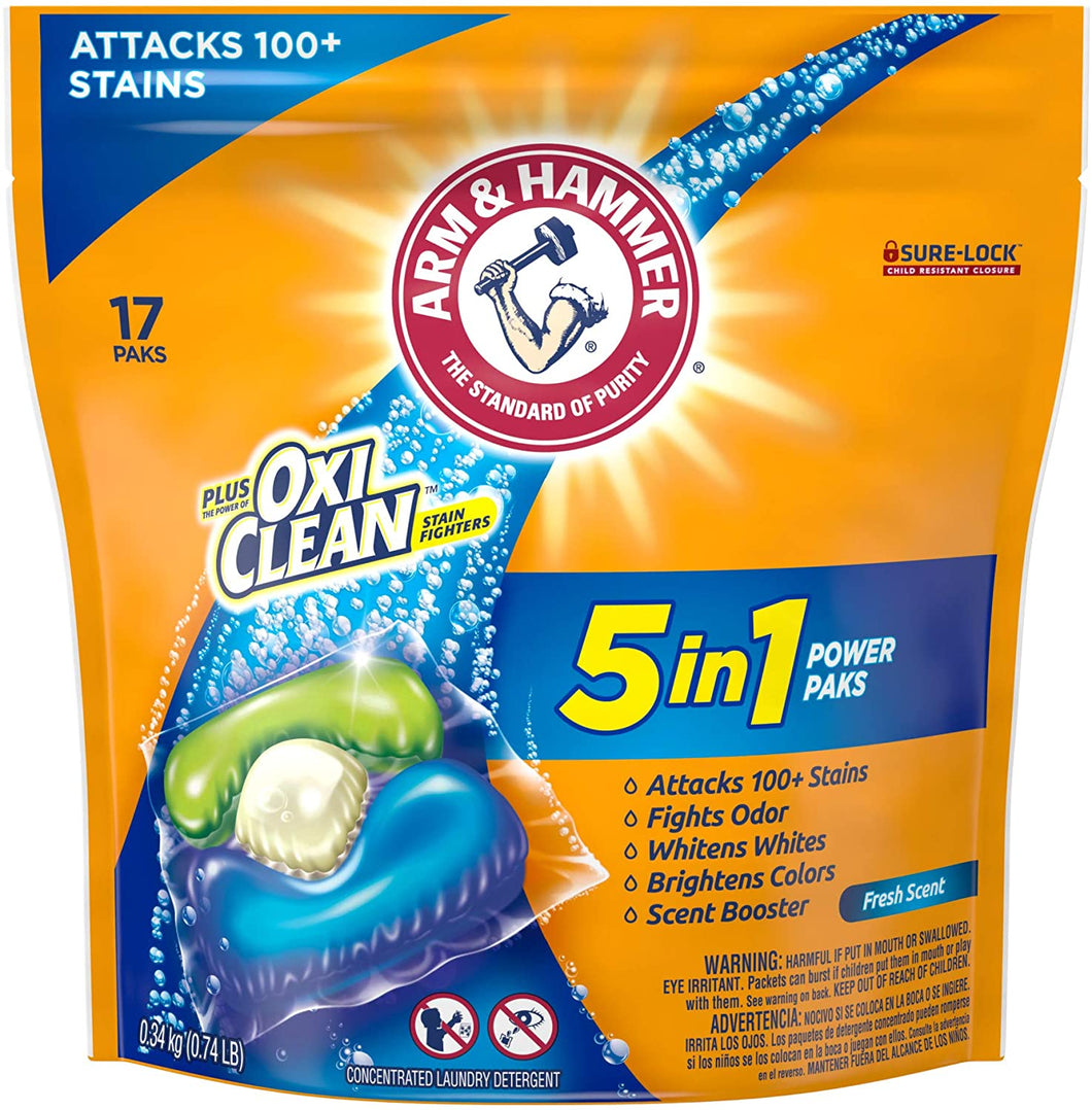 Arm & Hammer Plus Oxi Clean Fresh Scent 5 in 1 Power Paks Concentrated Laundry Detergent 17 count